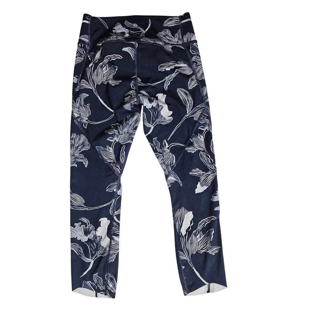 Athleta Navy Floral High Rise 7/8 Leggings S 291787 Reflective Trim Pocket